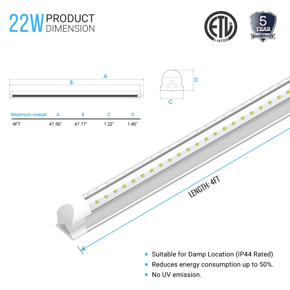 T8 4ft Integrated LED Tube Light 22W V Shape 2 Row 5000K Clear, Plug and Play, Linkable 4ft LED Shop Light - LEDMyPlace