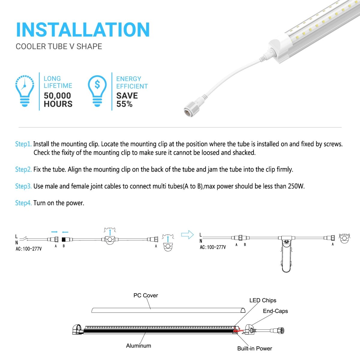 T8 4ft LED Freezer/Cooler Tube Light V Shape 18w 5000k Clear - Walk - in Cooler Light - LEDMyPlace