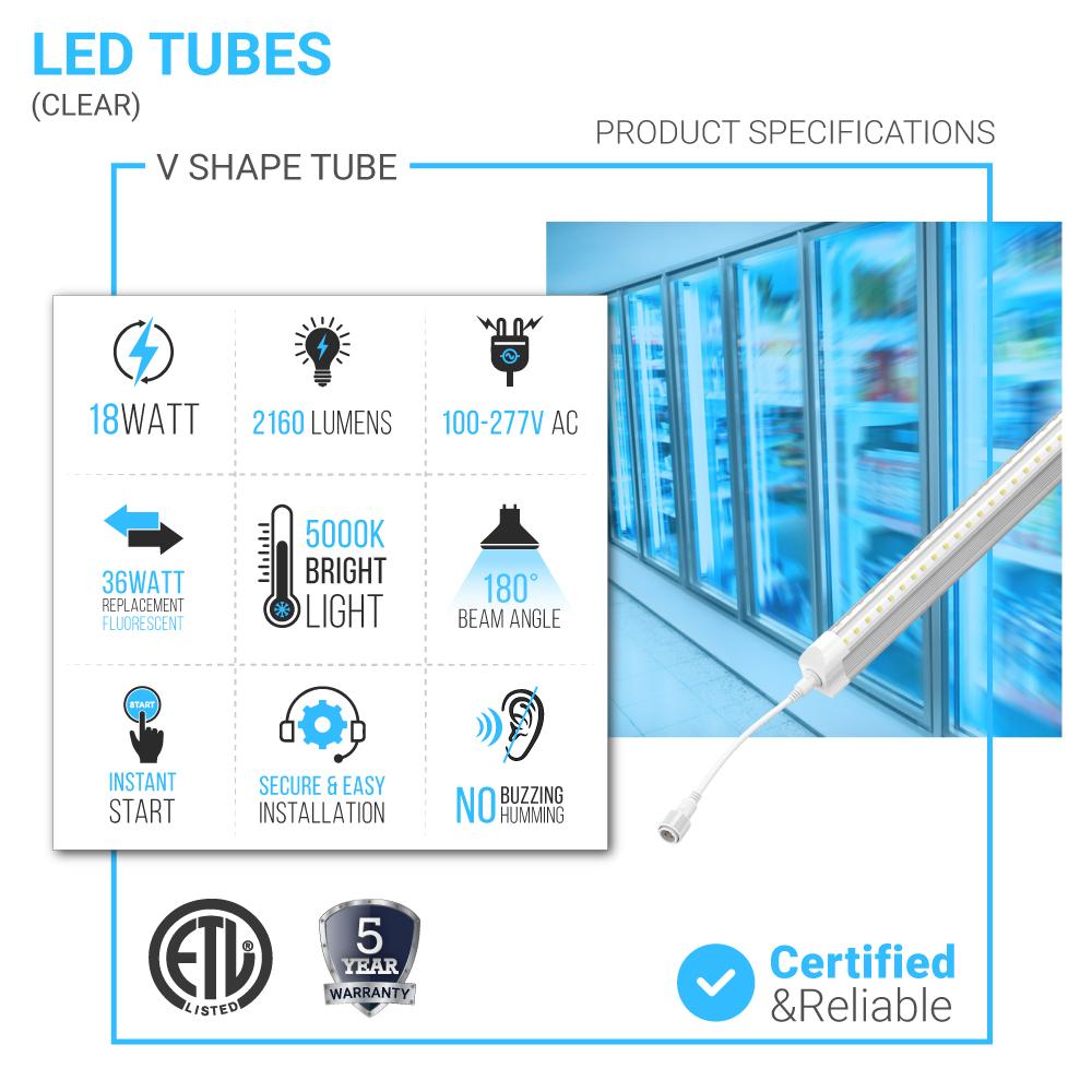 T8 4ft LED Freezer/Cooler Tube Light V Shape 18w 5000k Clear - Walk - in Cooler Light - LEDMyPlace