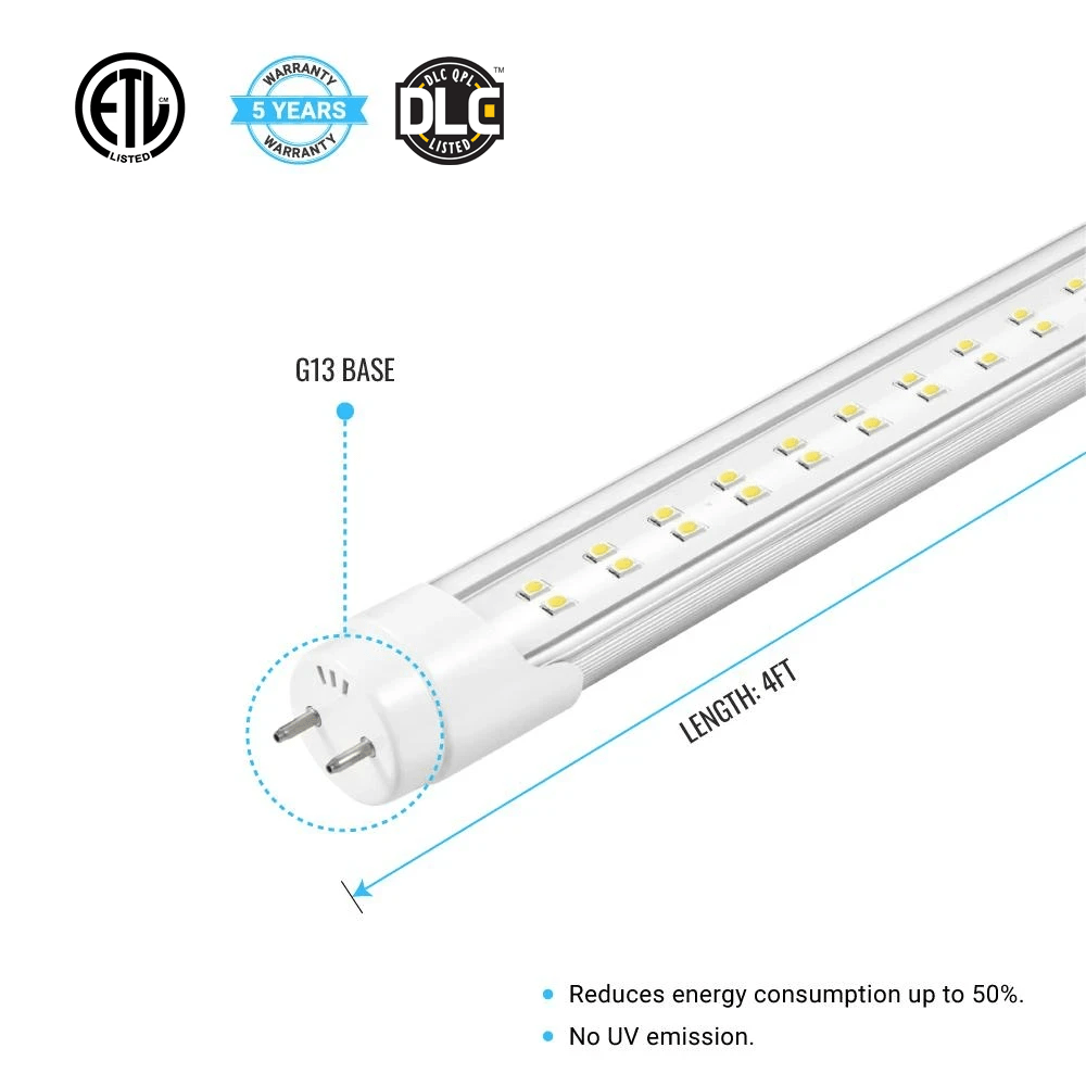 T8 4ft LED Tube/Bulb - 22W 3000 Lumens 5000K Clear, 2 - Row, Double Ended Power - Ballast Bypass - LEDMyPlace