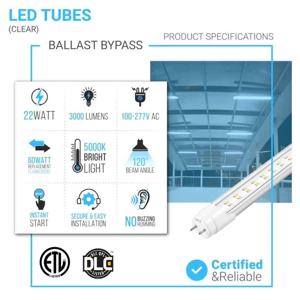 T8 4ft LED Tube/Bulb - 22W 3000 Lumens 5000K Clear, 2 - Row, Double Ended Power - Ballast Bypass - LEDMyPlace