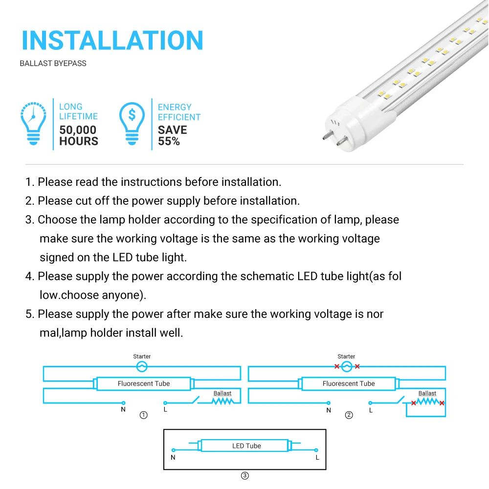 T8 4ft LED Tube/Bulb - 22W 3000 Lumens 5000K Clear, 2 - Row, Double Ended Power - Ballast Bypass - LEDMyPlace