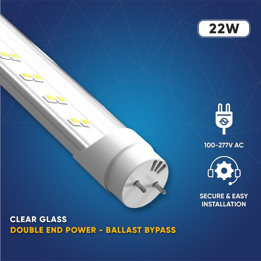 T8 4ft LED Tube/Bulb - 22W 3000 Lumens 5000K Clear, 2 - Row, Double Ended Power - Ballast Bypass - LEDMyPlace