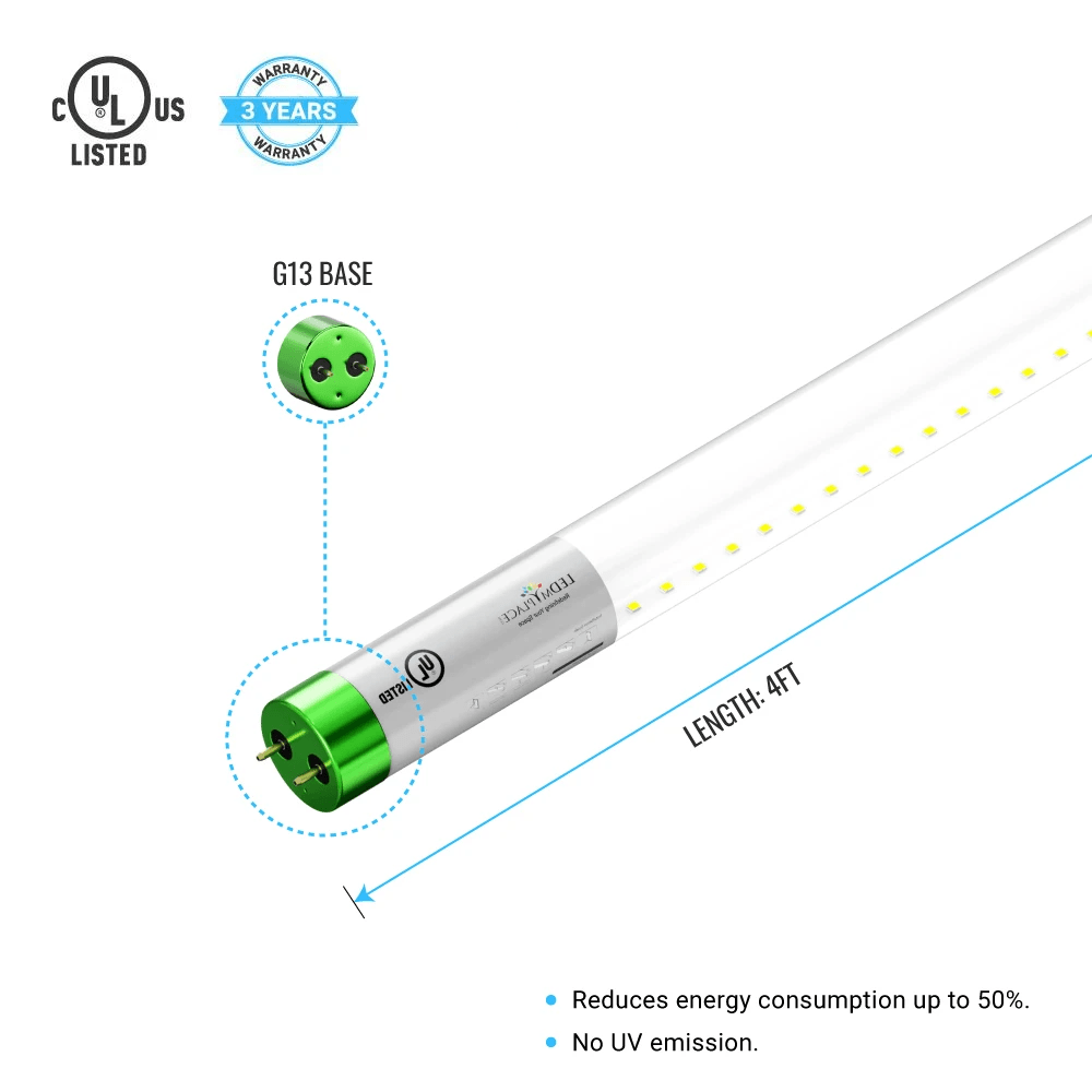 T8 4ft LED Tube/Bulb - Glass 18W 1620 Lumens 6500K Clear, Plug N Play, Double End Power - Ballast Compatible (Check Compatibility List) - LEDMyPlace