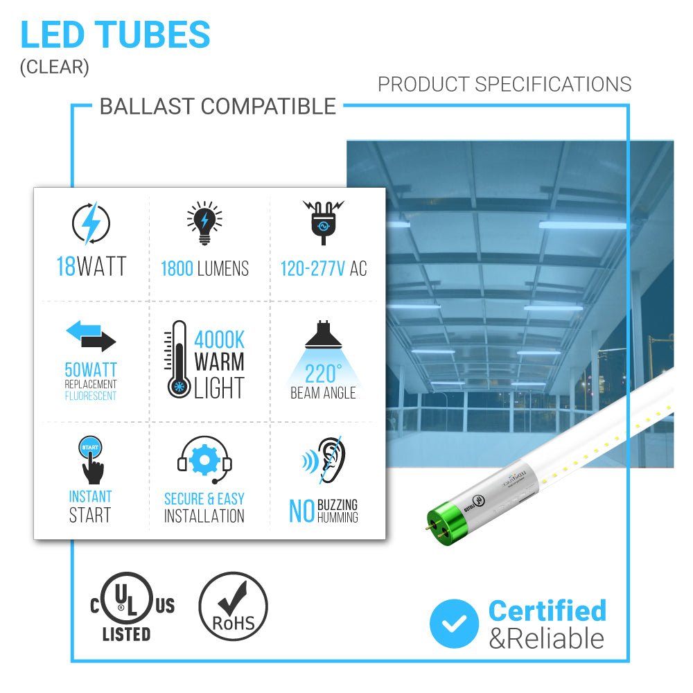 T8 4ft LED Tube/Bulb - Glass 18W 1800 Lumens 4000K Clear, Plug N Play, Double End Power - Ballast Compatible (Check Compatibility List) - LEDMyPlace