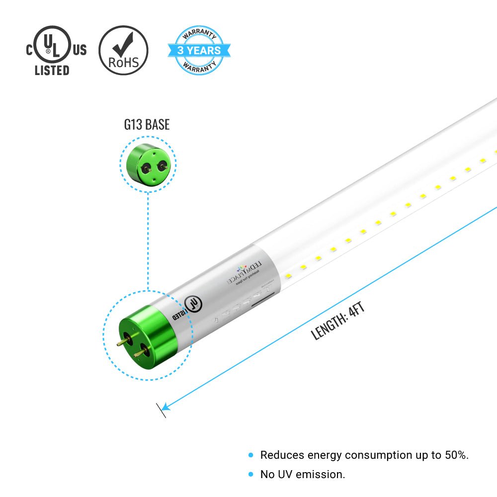 T8 4ft LED Tube/Bulb - Glass 18W 1800 Lumens 4000K Clear, Single Ended Power - Ballast Bypass - LEDMyPlace