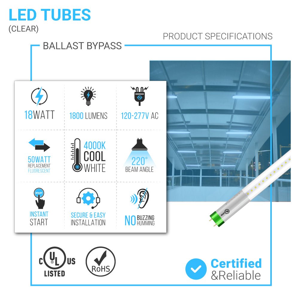 T8 4ft LED Tube/Bulb - Glass 18W 1800 Lumens 4000K Clear, Single Ended Power - Ballast Bypass - LEDMyPlace