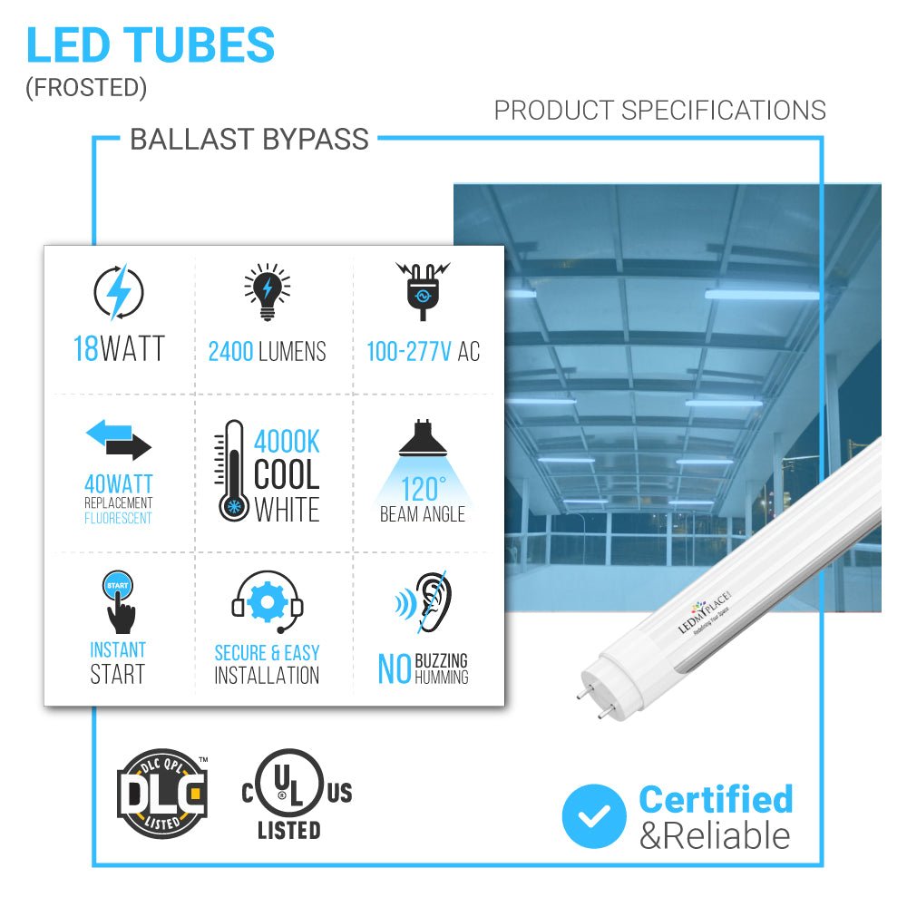 T8 4ft LED Tube/Bulb - Glass 18W 1800 Lumens 4000K Frosted, Single Ended Power - Ballast Bypass - LEDMyPlace