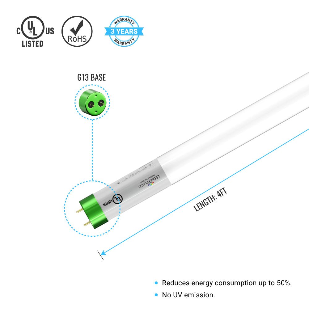 T8 4ft LED Tube/Bulb - Glass 18W 1800 Lumens 4000K Frosted, Single Ended Power - Ballast Bypass - LEDMyPlace