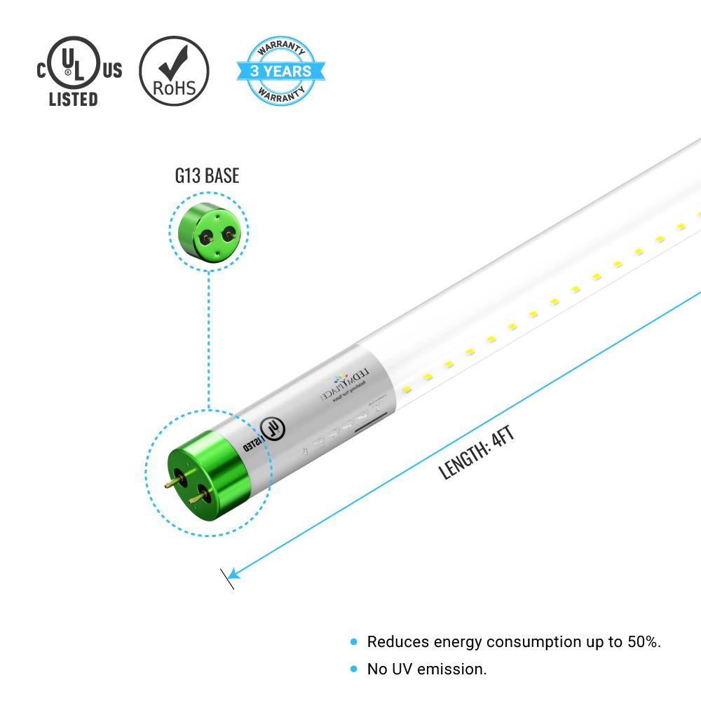 T8 4ft LED Tube/Bulb - Glass 18W 1800 Lumens 6500K Clear, Single End Power - Ballast Bypass - LEDMyPlace