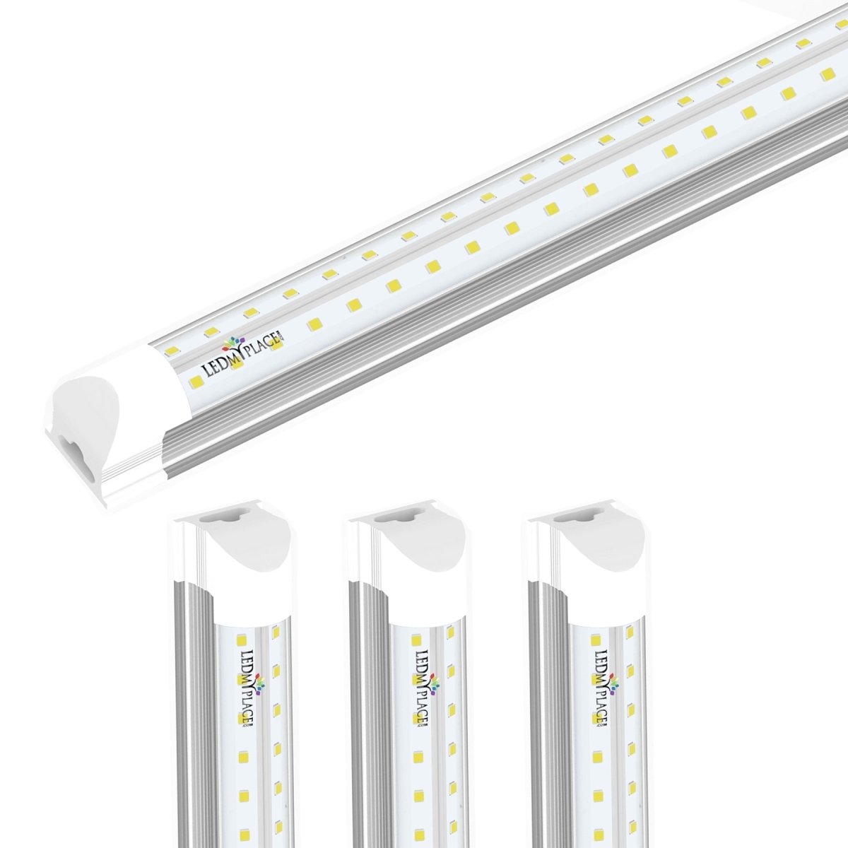 T8 8ft Integrated LED Tube Light 60W V Shape 5000K Daylight White, Clear, Linkable LED Lighting for Garage Warehouse, Upgraded Shop Lights, Plug and Play - LEDMyPlace