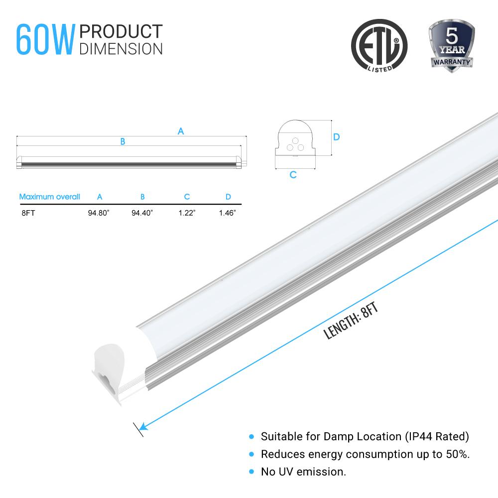 T8 8ft Integrated LED Tube Light 60W V - Shape 5000K Daylight White, Frosted, 8 Foot Plug and Play Linkable LED Shop Lights, Damp Location - LEDMyPlace