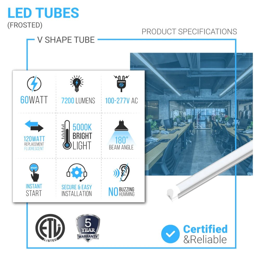 T8 8ft Integrated LED Tube Light 60W V - Shape 5000K Daylight White, Frosted, 8 Foot Plug and Play Linkable LED Shop Lights, Damp Location - LEDMyPlace