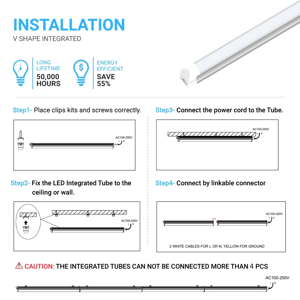 T8 8ft Integrated LED Tube Light 60W V - Shape 5000K Daylight White, Frosted, 8 Foot Plug and Play Linkable LED Shop Lights, Damp Location - LEDMyPlace