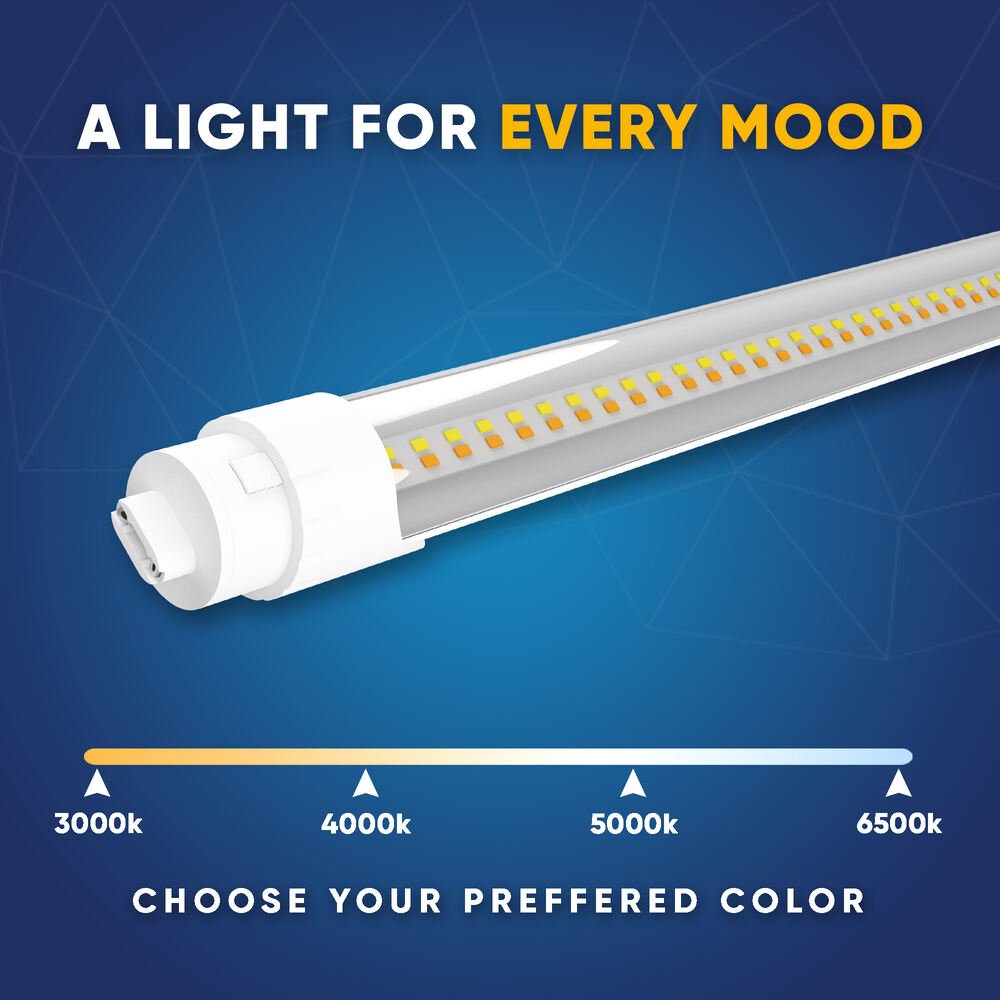 T8 8ft LED Tube/Bulb - 32/36/40/48W Wattage Adjustable, 130lm/w, 3000K/4000K/5000K/6500K CCT Changeable, Clear, R17D Base, - Ballast Bypass - LEDMyPlace