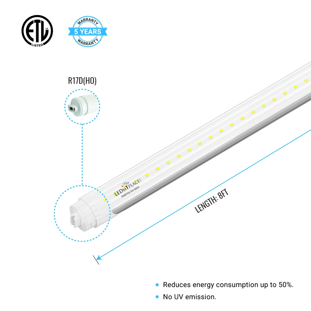 T8 8ft LED Tube/Bulb - 32/36/40/48W Wattage Adjustable, 130lm/w, 3000K/4000K/5000K/6500K CCT Changeable, Clear, R17D Base, - Ballast Bypass - LEDMyPlace