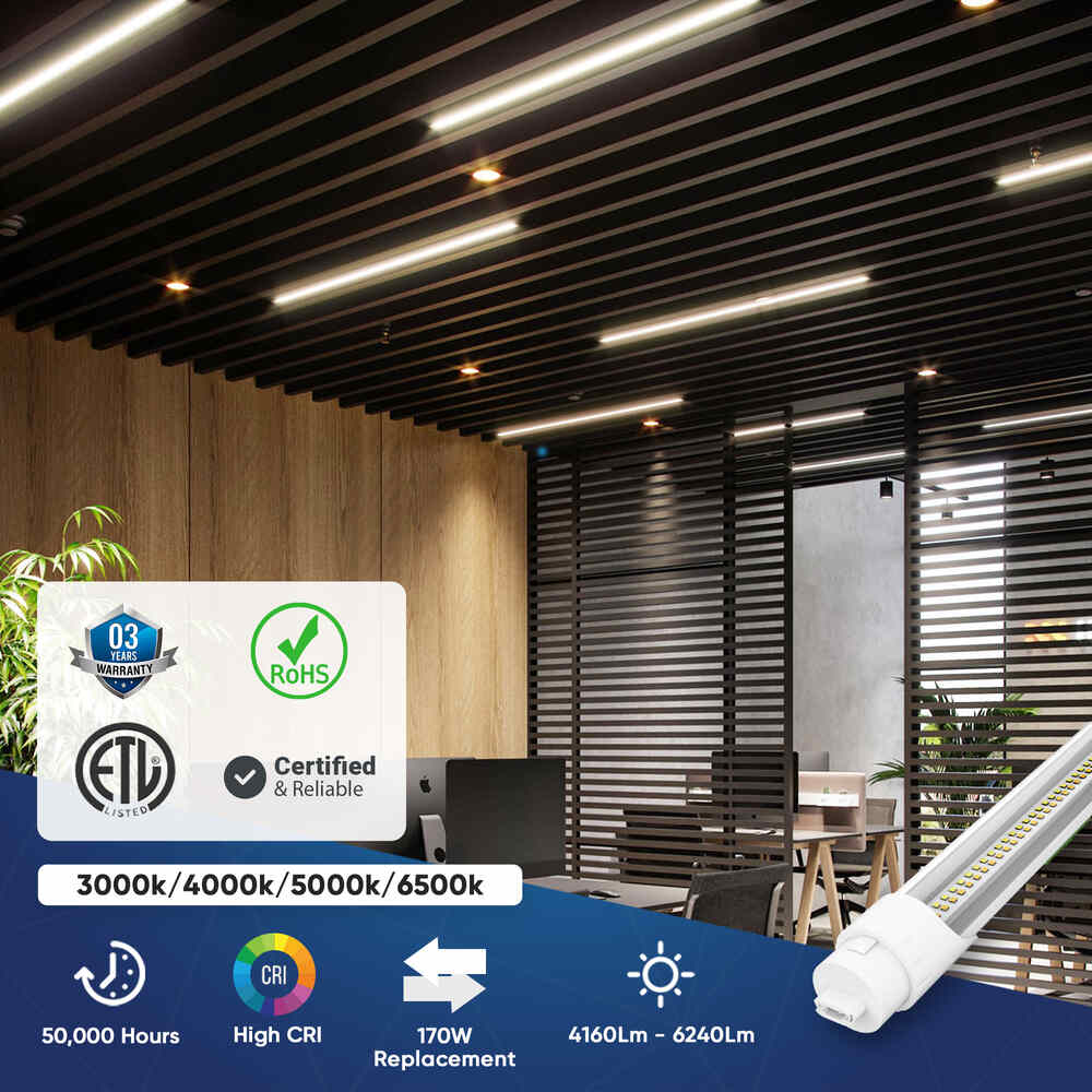 T8 8ft LED Tube/Bulb - 32/36/40/48W Wattage Adjustable, 130lm/w, 3000K/4000K/5000K/6500K CCT Changeable, Clear, R17D Base, - Ballast Bypass - LEDMyPlace