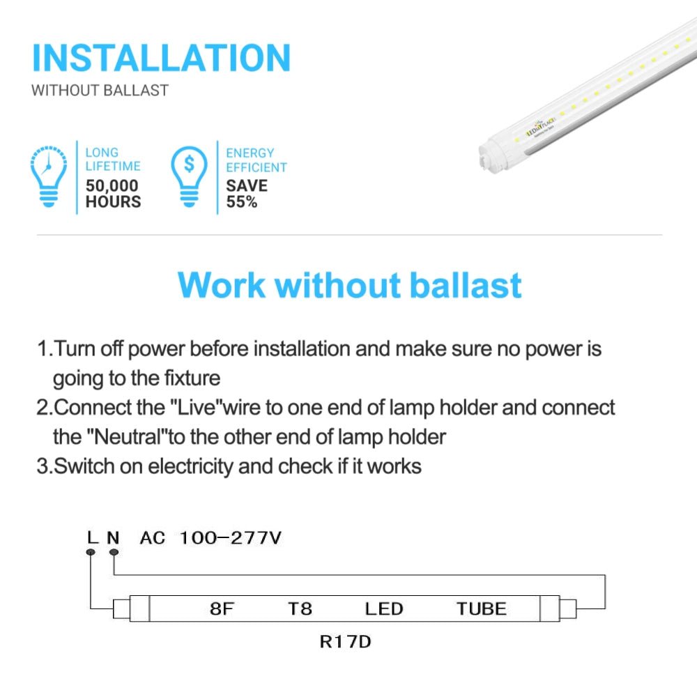 T8 8ft LED Tube/Bulb - 32/36/40/48W Wattage Adjustable, 130lm/w, 3000K/4000K/5000K/6500K CCT Changeable, Clear, R17D Base, - Ballast Bypass - LEDMyPlace