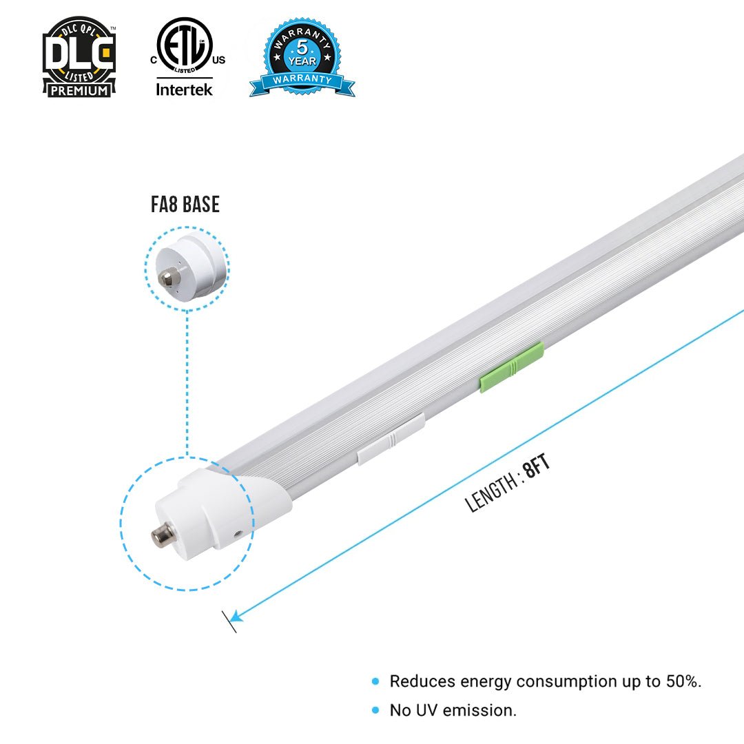 T8 8ft LED Tube/Bulb - 48w/40w/36w/32w Wattage Adjustable, 130lm/w, 3000k/4000k/5000k/6500k CCT Changeable, Clear, FA8 Single Pin, Double End Power - Ballast Bypass - LEDMyPlace