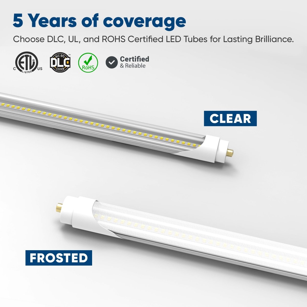 T8 8ft LED Tube/Bulb - 48w/40w/36w/32w Wattage Adjustable, 130lm/w, 3000k/4000k/5000k/6500k CCT Changeable, Clear, FA8 Single Pin, Double End Power - Ballast Bypass - LEDMyPlace