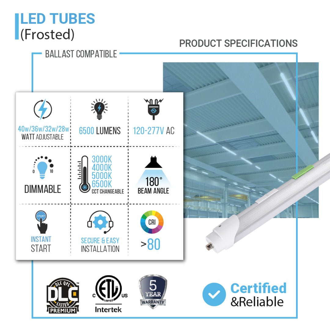 T8 8ft LED Tube/Bulb - 48w/40w/36w/32w Wattage Adjustable, 130lm/w, 3000k/4000k/5000k/6500k CCT Changeable, Frosted, FA8 Single Pin, Double End Power - Ballast Bypass - LEDMyPlace