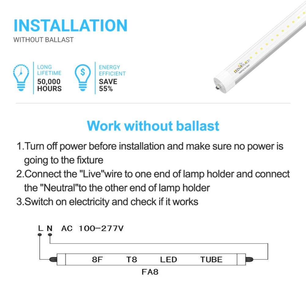 T8 8ft LED Tube/Bulb - 48w/40w/36w/32w Wattage Adjustable, 130lm/w, 3000k/4000k/5000k/6500k CCT Changeable, Frosted, FA8 Single Pin, Double End Power - Ballast Bypass - LEDMyPlace