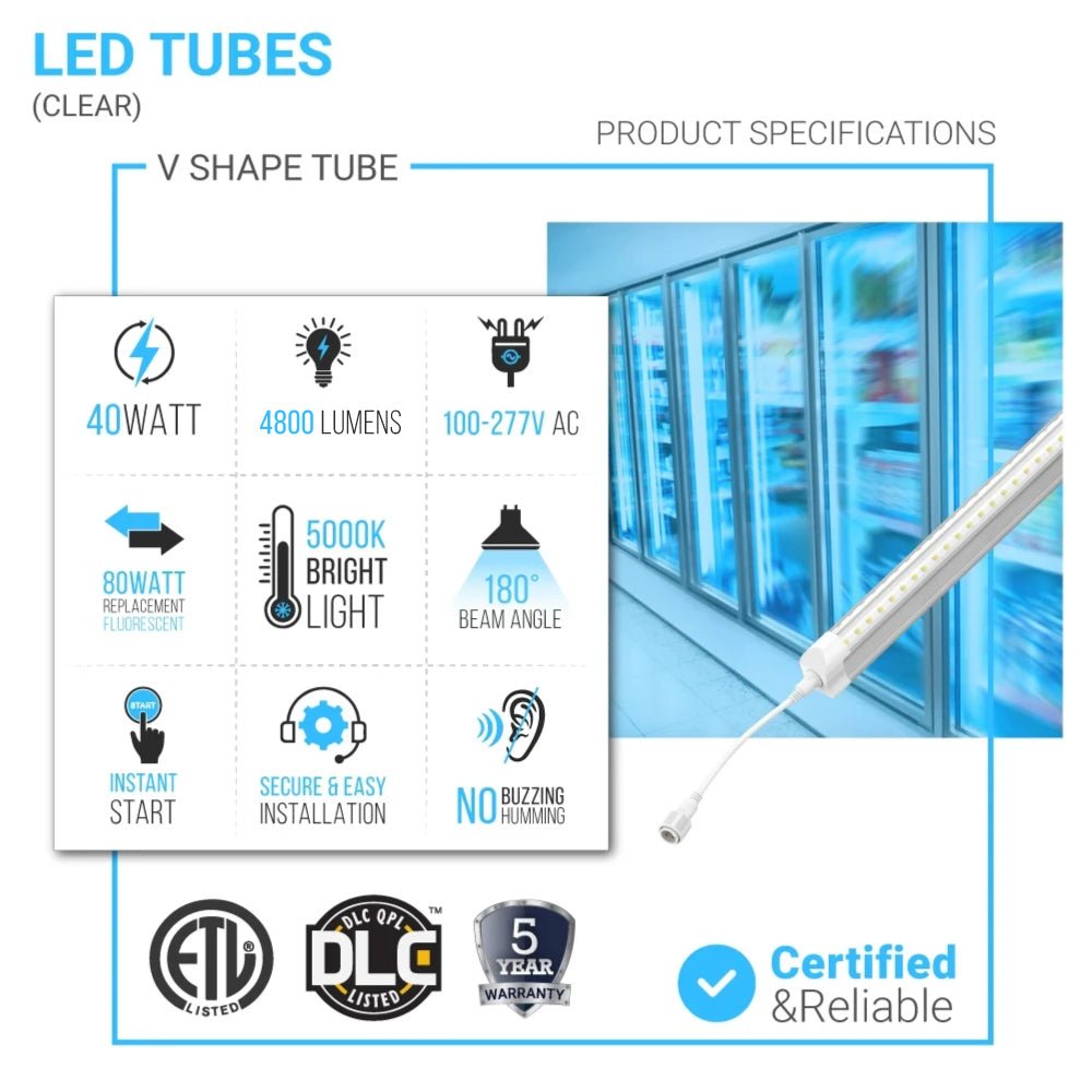 T8 LED Freezer/Cooler Tube Light - V Shape - 6ft 40W 5000k Clear 4800 Lumens Rebate Eligible, Walk - in Cooler Light - LEDMyPlace