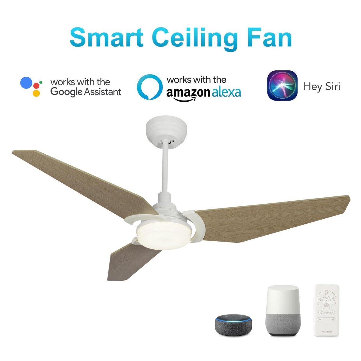 Trailblazer 52 In. indoor/outdoor 3 - Blade Best Smart Ceiling Fan with Light , Remote Control, White Wooden Pattern W/ Alexa/Google Home Compatible - LEDMyPlace