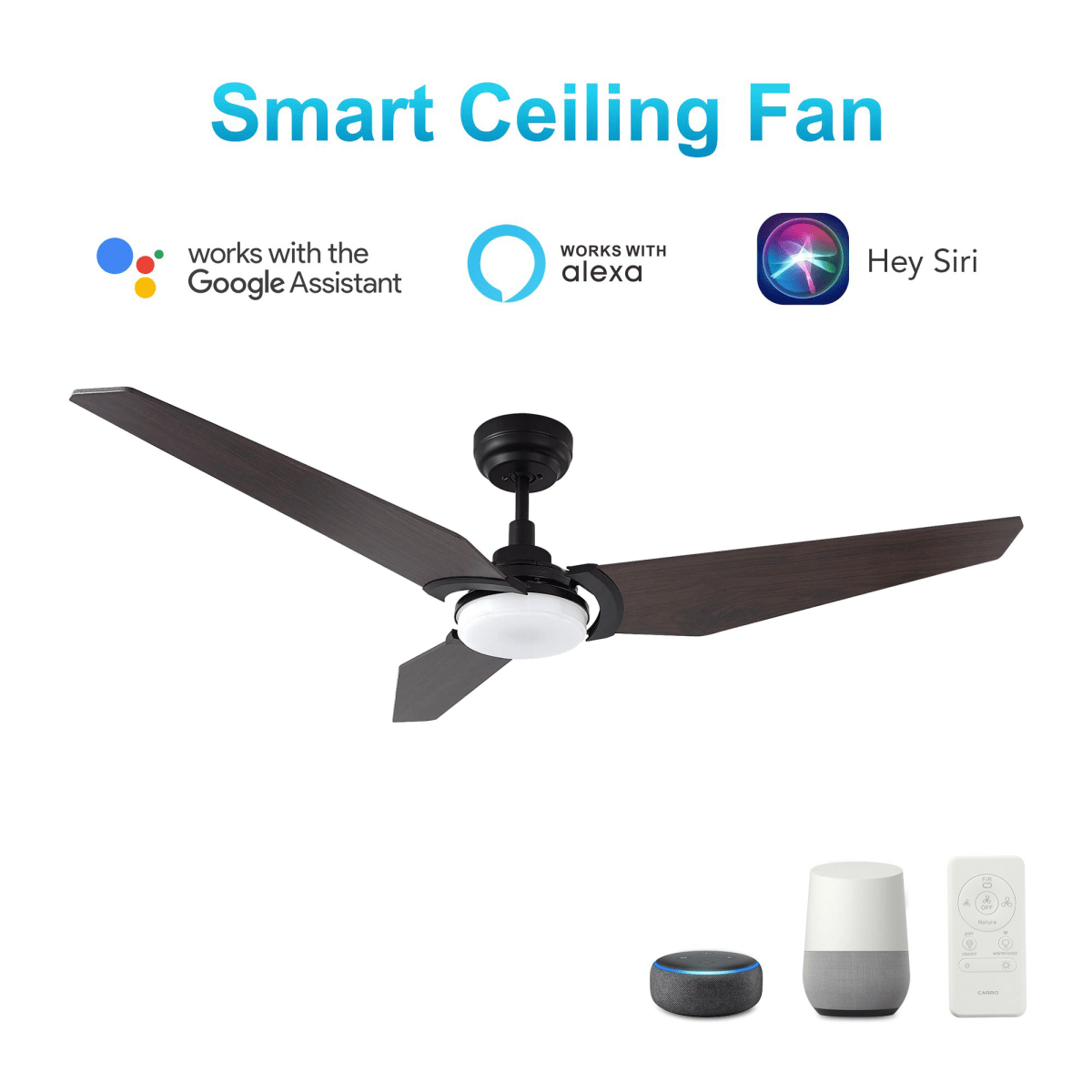 Trailblazer 52 In. Wi - Fi Best Smart Ceiling Fan w/ Remote Control & LED Light, Alexa/Siri/Google Home Compatible, Black/dark Wooden Pattern (3 - Blade) - LEDMyPlace