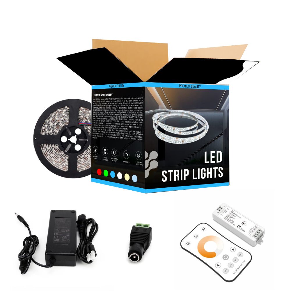 Tunable White LED Strip Lights, IP20, 16.4ft, Dimmable, 12V, SMD 2835, 120 leds/Meter, UL, RoHS Listed - 378 Lumens/ft with Power Supply and Controller (KIT) - LEDMyPlace