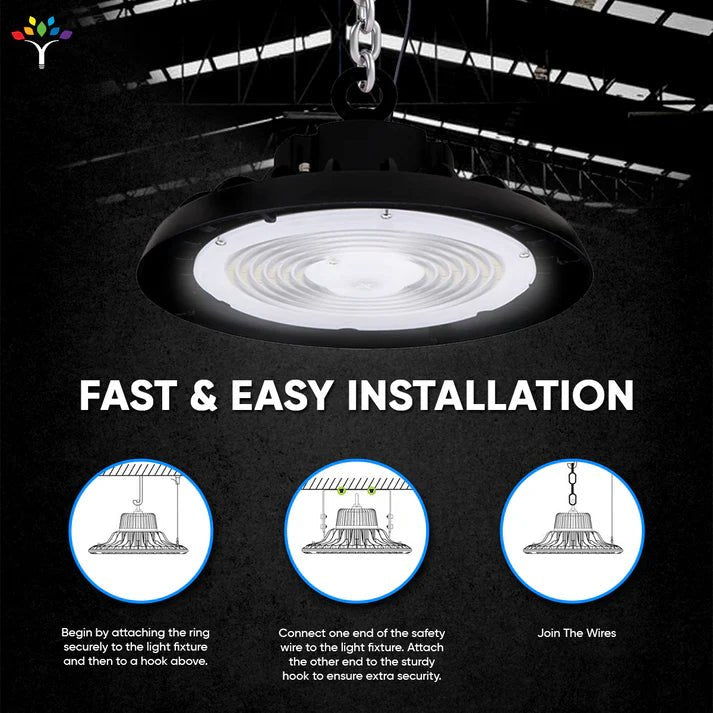 UFO LED High Bay Light 150/120/100 Watt Adjustable, 4000K Cool White, 150LM/W - 155LM/W, 120 - 277VAC, IP65, UL, DLC Listed, 1 - 10V Dim, For LED Warehouse Lighting Retail Workshop Garage Factory Barn Lighting - LEDMyPlace