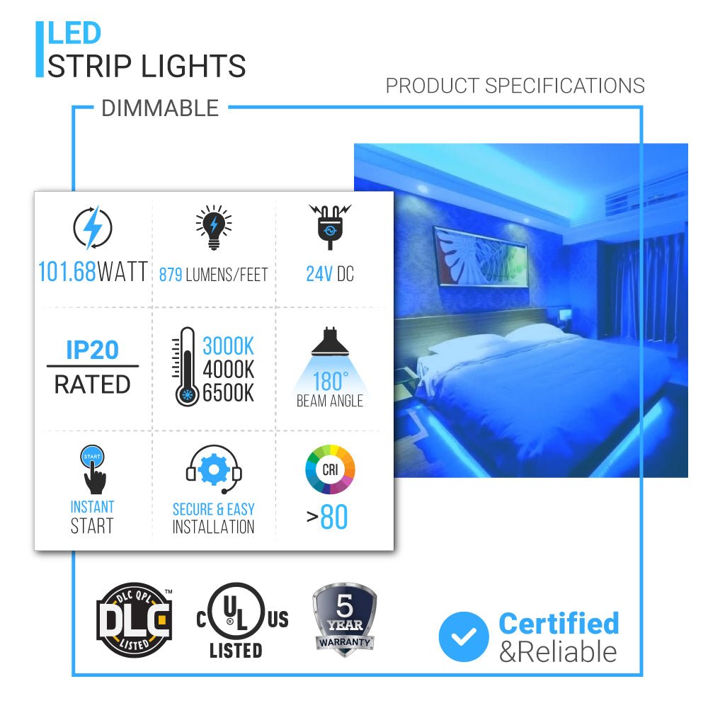 White LED Strip Light, 16.4ft Dimmable - 24V - IP20 - 879 Lumens/ft with Power Supply and Controller (KIT), Tape Lights for Bedroom, Kitchen, Mirror, Under Cabinet, Home Decoration - LEDMyPlace