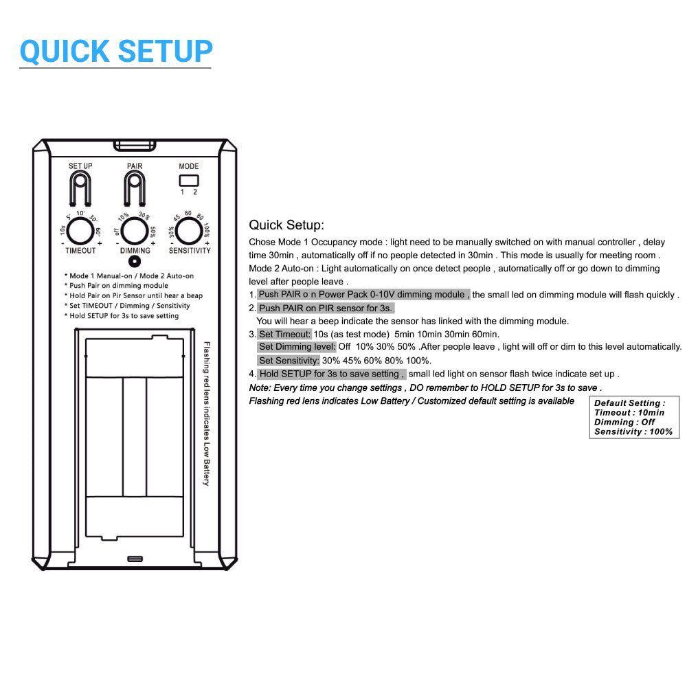 Wireless wall mount PIR Occupancy/ Vacancy Sensor with switch Manually Turn on/off and Dim Command - LEDMyPlace